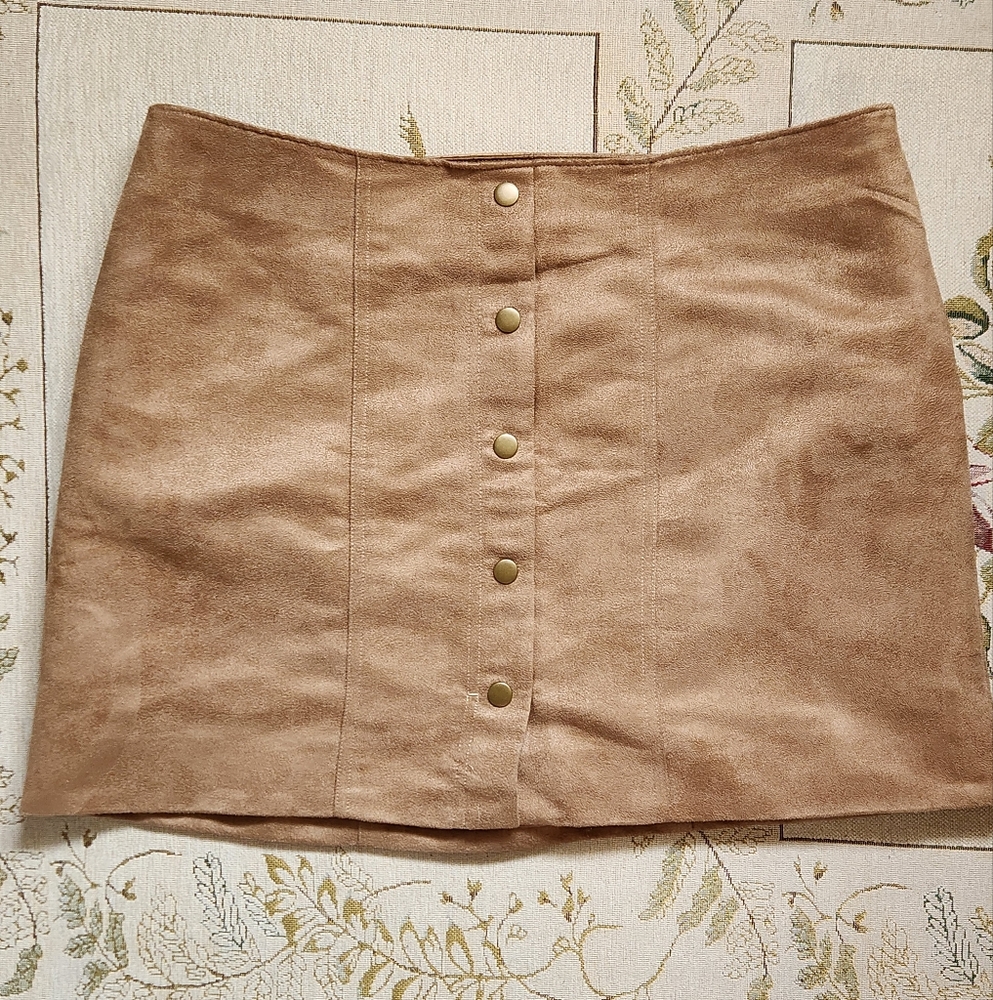 Tan Suede Mini Skirt with Button Detail